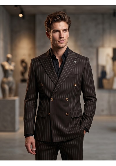 Hermose Sartorial Espresso Kahve Çizgili Kruvaze Takım Elbise Kahverengi