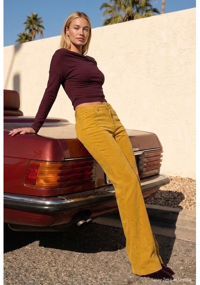 Kadın Hardal Sarı Flare Fit Velvet Kadife Kumaş Pantolon