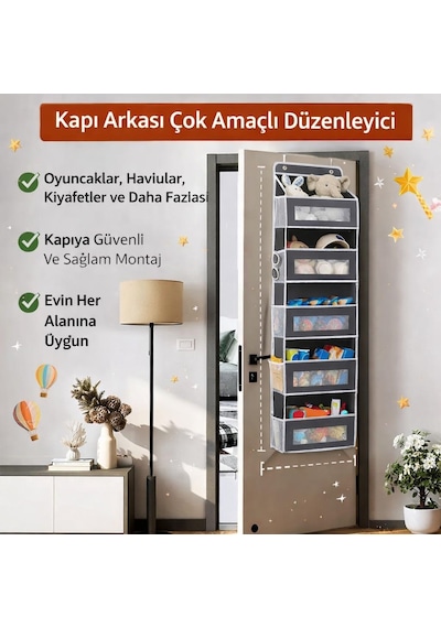 Valkyrie Kapı Arkası Organizer 5 Cepli Askılı Dolap Düzenleyici Çok Amaçlı Kapı Arkası Raf 20kg Taşıma Gri Gri