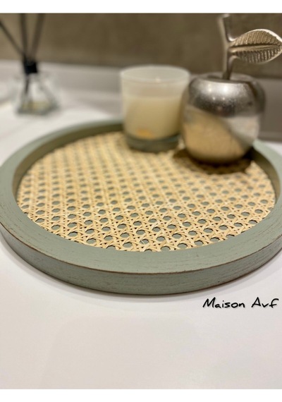 Rattan Hazeran Yuvarlak Tepsi Ihlamur Yeşili Eskitme Model %100 Doğal Hazeran M044