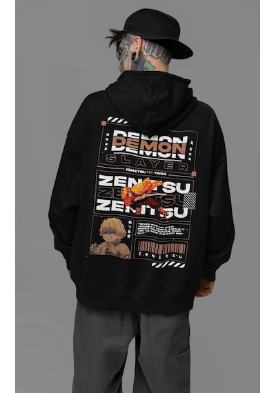 Sevbano Demon Slayer Zenitsu Baskılı Unisex Oversize Anime Hoodie Siyah