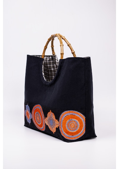 Fabric Craft Bag El Çantası Duck Kumaş Etnik Bordürlü Lacivert Lacivert - Mavi