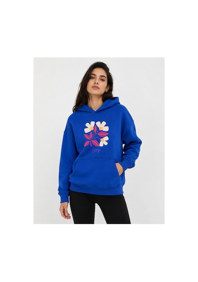 Herkesemoda Joy Çiçek Baskılı Kapüşonlu 2 İplik Şardonlu Sweatshirt Mavi
