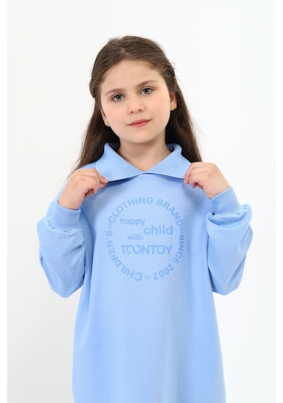 Kız Çocuk Baskılı Oversize Polo Yaka Uzun Kollu Elbise Mavi