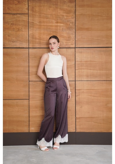 Verymoda Puantiyeli Paçası Dantelli Saten Pantolon D2970 Kahve