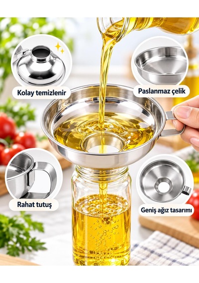 Paslanmaz Çelik Geniş Ağızlı Kavanoz Hunisi 15 Cm Salça, Reçel, Sos, Yağ Ve Bakliyat Aktarma Hunisi