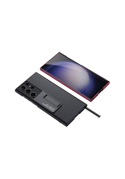 Galaxy Uyumlu S24 Ultra Kılıf Kılıf Karbonfiber Suni Deri Görünümlü Kıpta Standlı Kapak