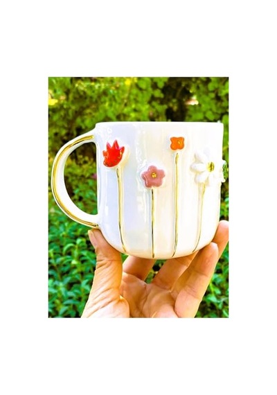 24 Ayar Altın Detaylı Ilkbahar Çiçek Kabartmalı 450 Ml El Yapımı Mug Spring Flower Diğer