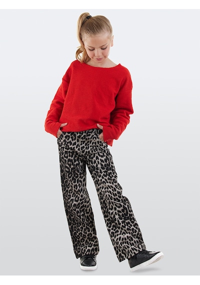 Denokids Kız Çocuk Leopar Desenli Gabardin Çok Renkli Geniş Paça Pantolon 6-11 Yaş