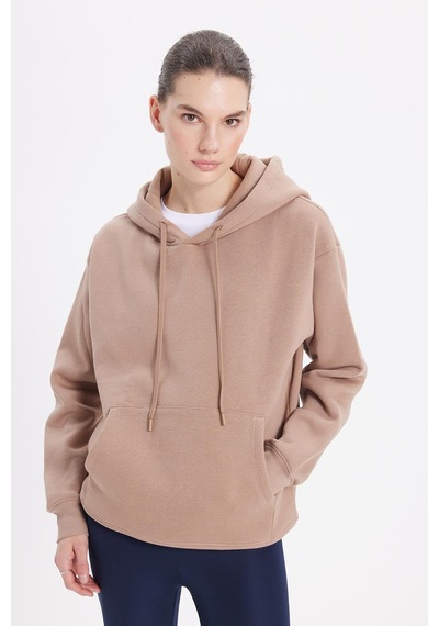 Tudors Kadın Oversize Geniş Kesim Pamuklu Yumuşak Dokulu İçi Polarlı Basic Vizon Kapüşonlu Sweatshirt-37905 VIZON
