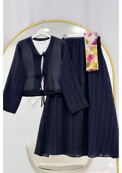 Lovie Moda Müslin Dokulu Bağlamalı Etekli Takım Siyah