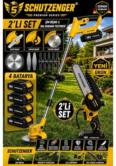Schutzenger 2011C 4 Akülü Set Şarjlı Ot Çim Biçme Makinesi Tırpan Ve Şarjlı Dal Budama Testeresi 15cm Pala Otomatik Yağlamalı Sarı