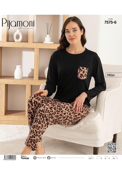 Pijamoni Kadın Milan Bisiklet Yaka Uzun Kol İnce Pijama Takımı 7575/6 - 1 Adet Siyah