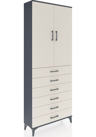 Arges Dolap 2 Raflı 6 Çekmeceli 2 Kapaklı 88x30x221 Antrasit-aytaşı Antrasit