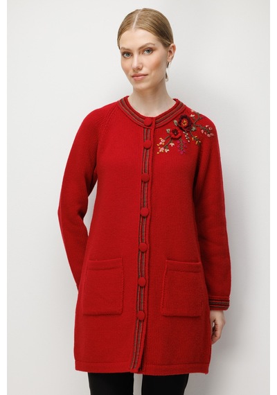 Desen Triko Kadın Dik Yaka Omuzu İşlemeli Düğmeli Yün Kaban K.kırmızı