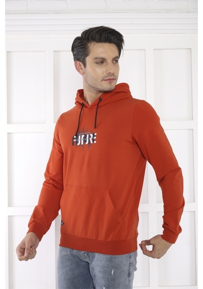 Escetic Spor Erkek Kiremit Cepli, Kapüşonlu Sweatshirt-4165