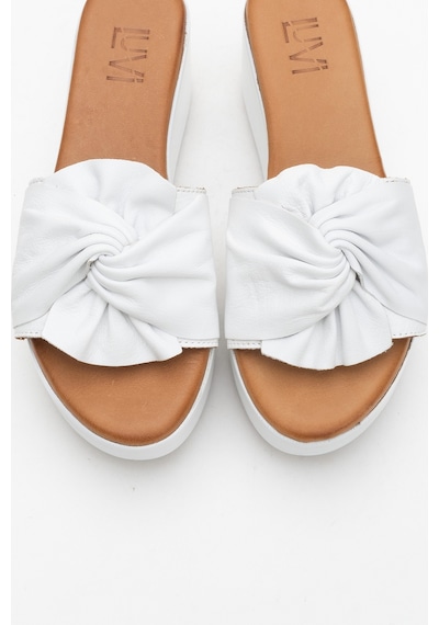 Luvishoes Luvi Shoes Jeff Beyaz Cilt Hakiki Deri Fiyonklu Kadın Dolgu Topuklu Terlik Beyaz