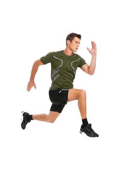 Genius Store Erkek Spor Tişört Antreman Gym Polyester Erkek Sporcu T-shirt Şeritli-tişört Haki
