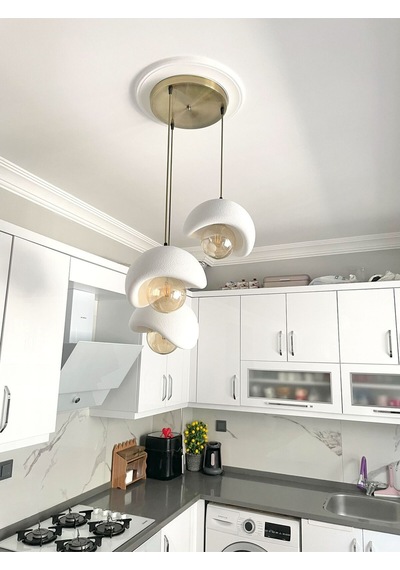 Beton Görünümlü Modern Şık İskandinav Tarz 3 Başlıklı Avize 25cm Rustik Ampul Hediyeli Nestvibe Eskitme - Gold