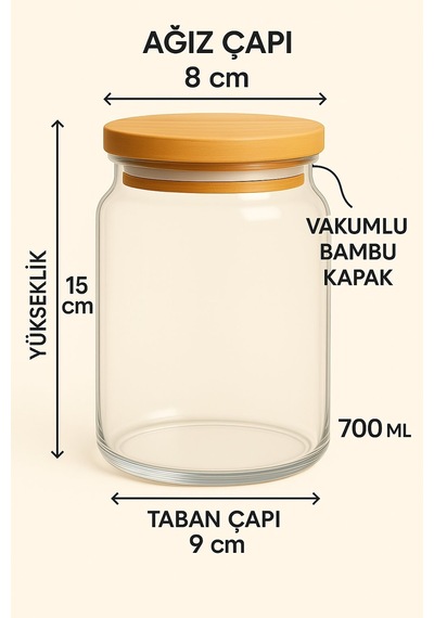 3'lü Set Bambu Kapaklı Orta Boy Vakumlu Cam Baharat Takımı - 3 X 700 Ml. Ahşap - Şeffaf