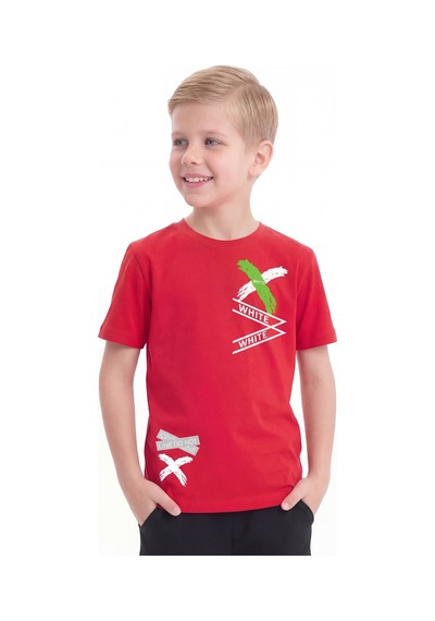 Panios Kids White Yazı Baskılı Yuvarlak Yaka Kısa Kollu Erkek Çocuk Yazlık Tişört Kırmızı