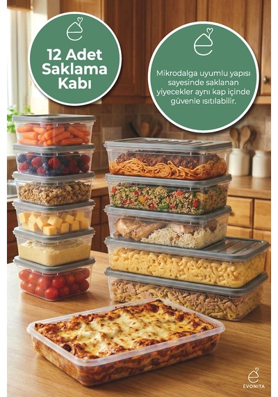 12 Parça Saklama Kabı Seti Kapaklı Plastik Buzdolabı Düzenleyici Mikrodalga Uyumlu Set Şeffaf
