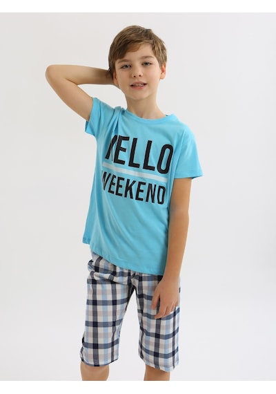 Vitmo Erkek Çocuk Kısa Kollu Kapri %100 Pamuklu Pijama Takımı Hello Weekend Turkuaz