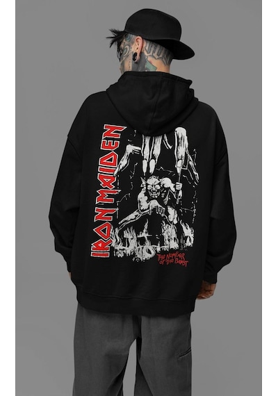 Sevbano Iron Maiden Müzik Grubu Baskılı Unisex Oversize Rock Metal Hoodie Siyah