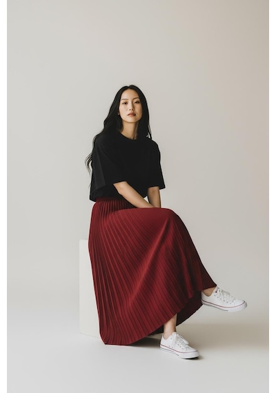 Eren Style Pileli Pamuklu Dokuma Viskon Kışlık Etek 95 Cm - 38-48 Bordo