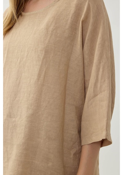 Vitrin %100 Keten Geniş Yaka Oversize Kısa Kol Bluz Bej