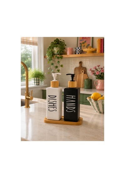 Buççin Online Mağaza Bambu Altlıklı İkili Kare Cam Sıvı Sabunluk Deterjan Seti 500ml+500ml Cam Beyaz Çok Renkli