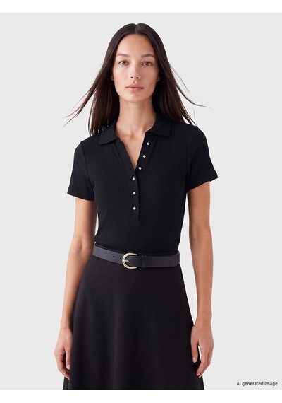 Lcw Everyday Siyah Polo Yaka Kadın Fitilli Tişört