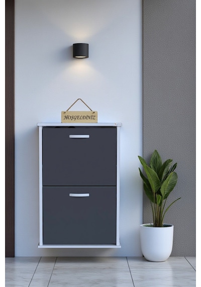 Eliusta Holen Antrasit Renk Ayakkabılık 2 Düşer Kapak 52 Cm Genişlik Kapı Önü Asma Ayakkabılık 52x74x26 Cm Antrasit