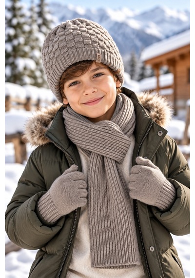 Miniko Kids Kitti 26180-12 Erkek 9-15 Yaş Atkı Bere Eldiven Set Gri