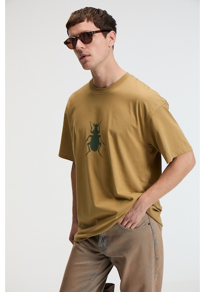 Grimelange BOLD Erkek %100 Pamuk Oversize Fit Baskılı Kısa Kollu Yuvarlak Yakalı Koyu Bej T-Shirt