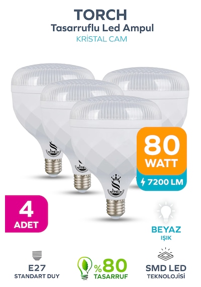 80w Kristal Tasarruflu E27 Beyaz Işık Torch Led Ampul-1-2-4-6-8-10 Adettir 4 Adet
