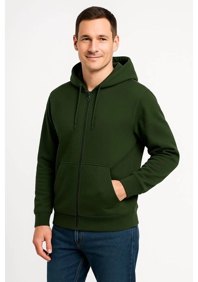 Lumiart Erkek Üç İplik Kapüşonlu Tam Fermuarlı Kanguru Cepli Sweatshirt H Haki