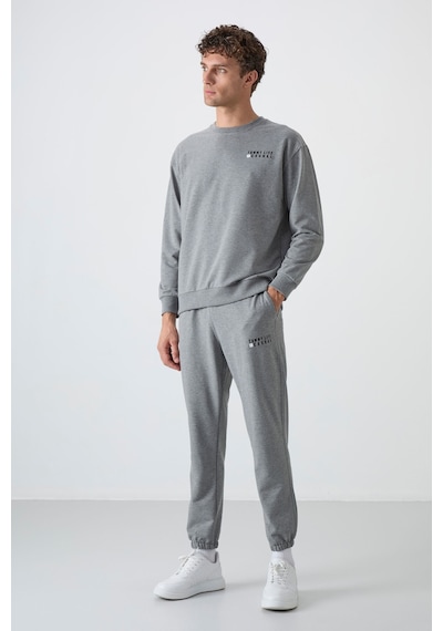 Tommy Life Gri Melanj Casual O Yaka Lastik Paça Pamuklu Erkek Oversize Eşofman Takımı - 85120 GRİ MELANJ