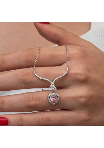 Gümüş Pembe Zirkon Taşlı Kalp Kadın Kolye Çok Renkli