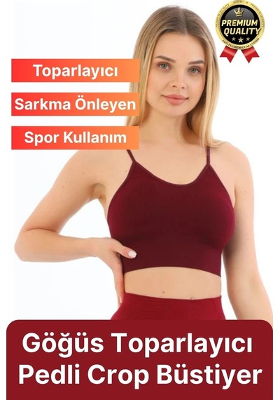 Svein Göğüs Toparlayıcı Sarkma Önleyen Gündelik Spor Kullanım İnce İp Askılı Pedli Çizgili Crop Büstiyer Bordo