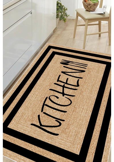 Çerçeveli Kitchen Yazılı Baskılı Kaymaz Yıkanabilir Mutfak Halısı Yolluk Siyah