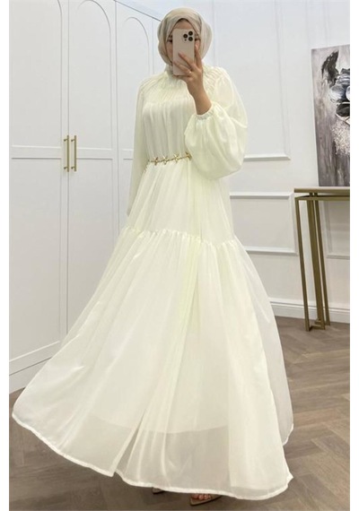 Neşeli Butik Kadın Beyaz Balon Kol Astarlı Kuşak Detaylı Şifon Tesettür Elbise ---- Nms095 Neşeli Butik Kadın Beyaz Balon Kol Astarlı Kuşak Detaylı Şifon Tesettür Elbise ---- Nms095