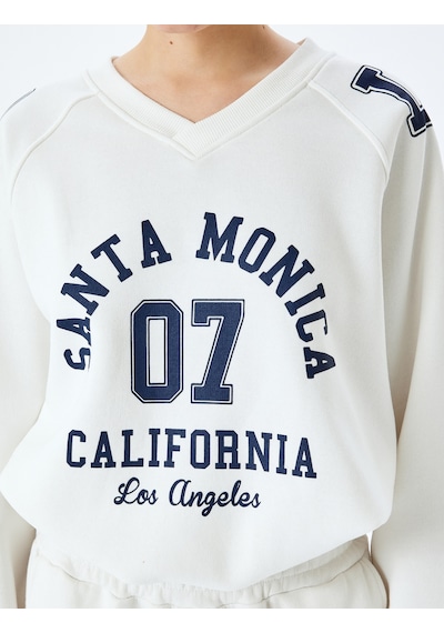 Koton Kolej Baskılı Uzun Kollu Oversize V Yaka Sweatshirt Ekru 5sal10417ık Ekru