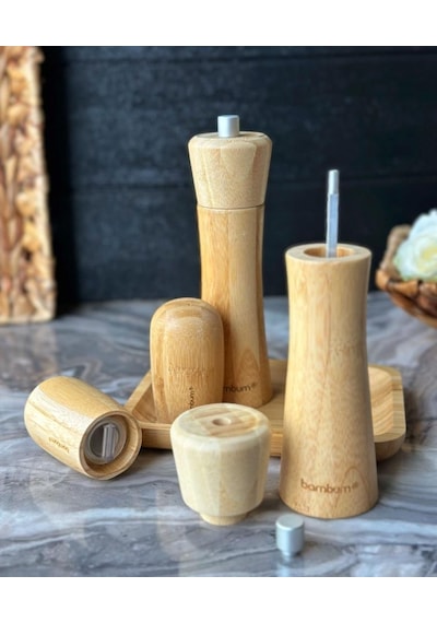 Bambum - Verdure Tabaklı Tuzluk Biberlik Değirmen Seti 5 Parça