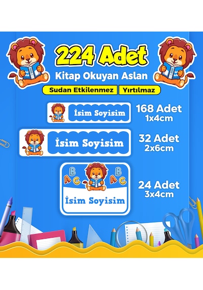 Sevimli Aslan Temalı Okul Kreş Kişiye Özel İsim Etiket Seti - Model 171 Çok Renkli