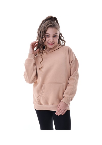 Unisex Çocuk Kapüşonlu Sweatshirt Rahat Günlük Spor Giyim Oversize Model Krem Renkli Bej