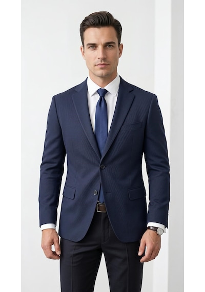 Plus Scorpion Ck 142 Slim Fit Mikro Desenli Erkek Ceket Yazlık Pike Kumaş Çift Yırtmaç Blazer Lacivert