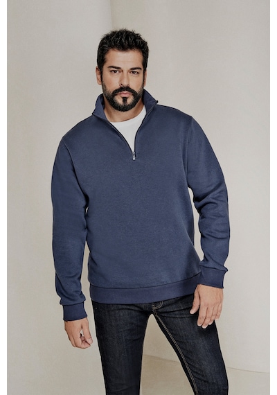 AC&Co / Altınyıldız Classics Standart Fit Normal Kesim İçi Polarlı Bato Yaka Pamuklu Erkek Sweatshirt Lacivert