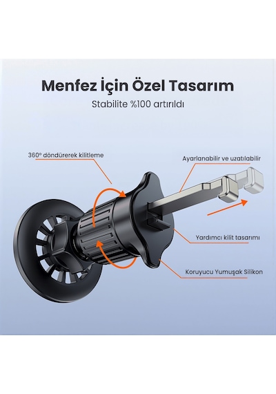 Bix Bxch13 360 Derece Metal Kancalı Manyetik Havalandırma Izgarası Araç İçi Telefon Tutucu