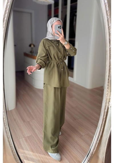Ka Hijab Bağcıklı Bluz Pantolon Takım - Haki